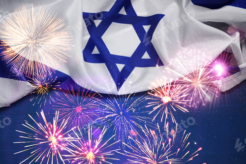 Preview: Flag of Israel and fireworks. National holiday celebration