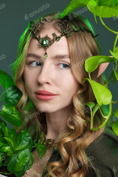 Preview: Beautiful elf girl and green leaves on grey background