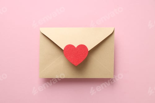 Preview: Valentine's day greeting card. Envelope with decorative heart on pink background, top view