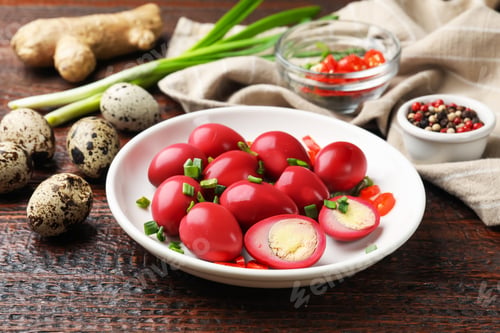 Preview: Pickled quail eggs and ingredients on wooden table, closeup