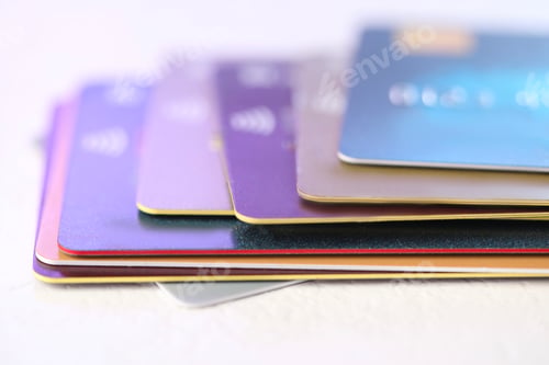Preview: Plastic credit cards on table, closeup view