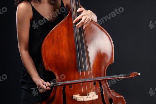 Preview: Woman playing double bass on black background, closeup