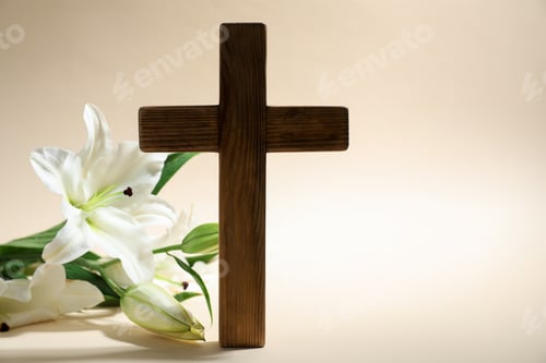 Preview: Easter. Wooden cross and beautiful lily flowers on beige background, closeup with space for text