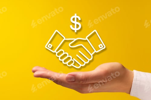 Preview: Sponsorship. Woman holding virtual handshake icon and dollar sign on orange background, closeup
