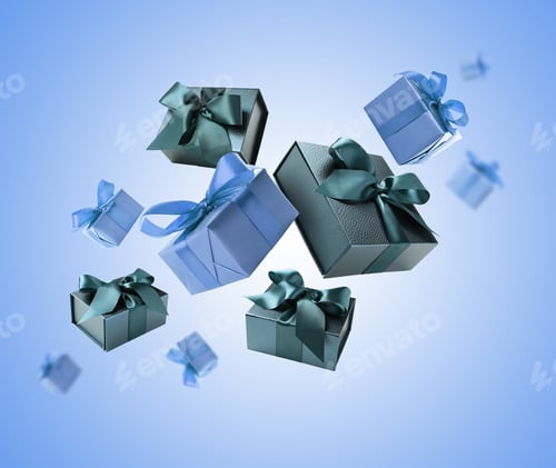 Preview: Gift boxes flying in air on blue gradient background