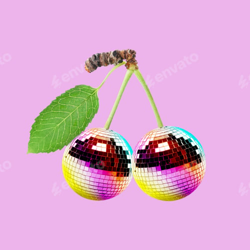 Preview: Disco balls cherries with stalks on light violet background