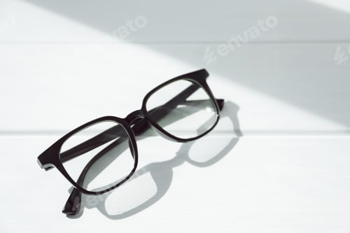 Preview: Stylish glasses on white wooden table, closeup. Space for text