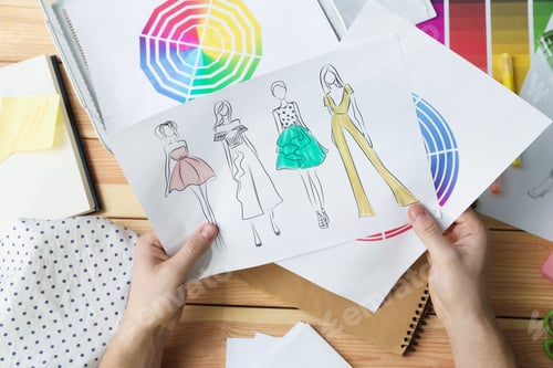 Preview: Fashion designer with sketch of outfits at wooden desk, above view
