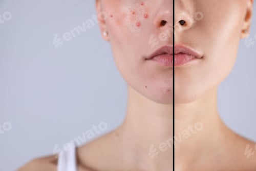 Preview: Woman before and after acne treatment, closeup. Collage showing difference on light grey background
