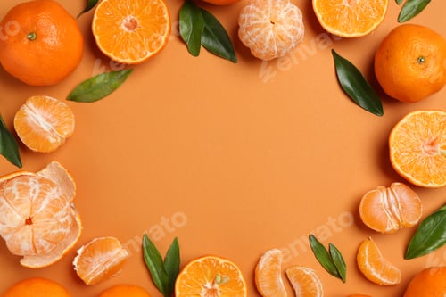 Preview: Fresh tangerines and green leaves on orange background, flat lay. Space for text