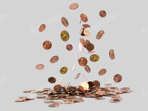 Preview: Many coins falling on heap against grey background