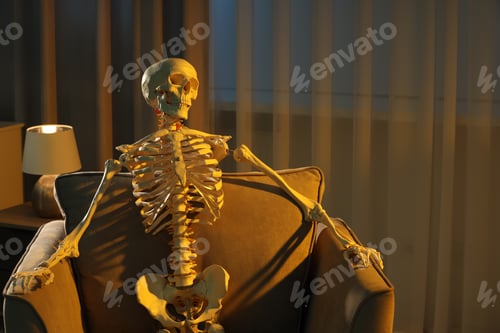 Preview: Waiting concept. Human skeleton sitting in armchair indoors