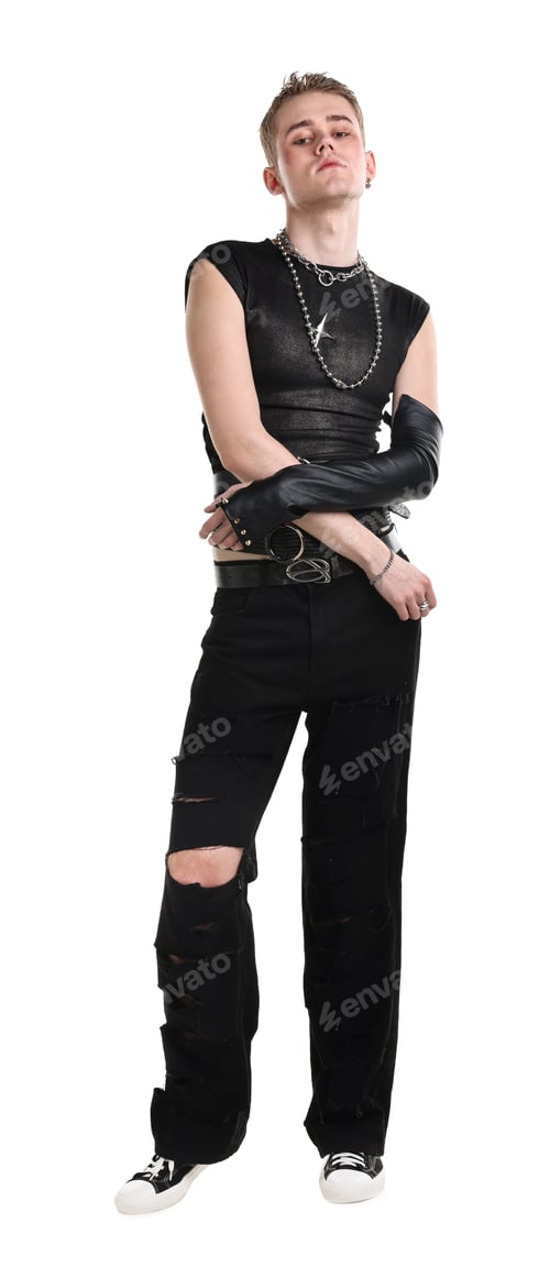 Preview: Young man in stylish clothes and accessories on white background