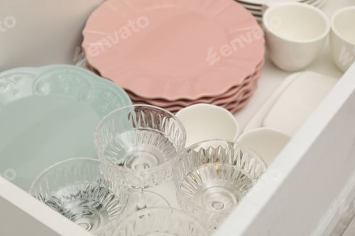 Preview: Clean dishware in drawer at kitchen, closeup