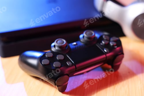 Preview: Video game console and wireless controller on wooden table, closeup