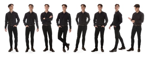 Preview: Young man wearing black jeans on white background. Set of portraits