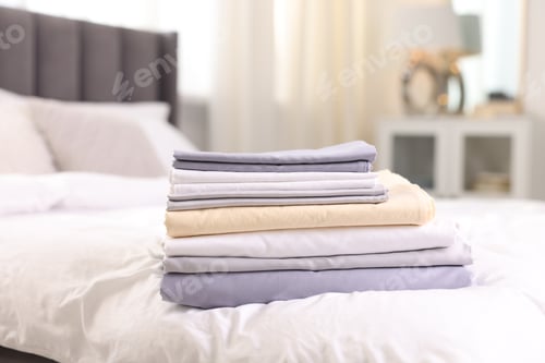 Preview: Stack of fresh linens on bed indoors, closeup