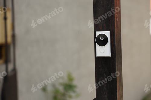 Preview: Modern intercom system on gate outdoors, closeup. Space for text