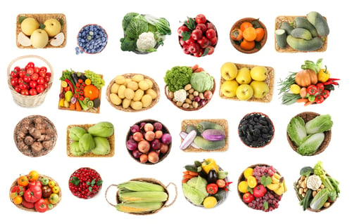 Preview: Fresh vegetables, berries and fruits in wicker baskets isolated on white, set