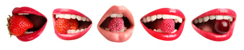 Preview: Women holding fresh berries and candies in mouth on white background, closeup. Female lips with diff