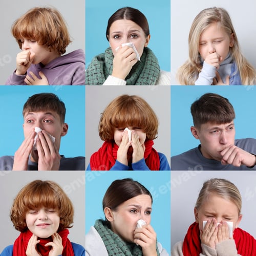 Preview: Children and adults suffering from cold. Collage of portraits