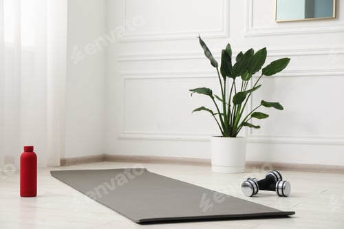 Preview: Exercise Mat with Dumbbells and Water Bottle Indoors