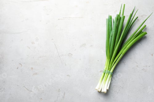 Visualização: Fresh ripe green onions on light grey table, top view. Space for text