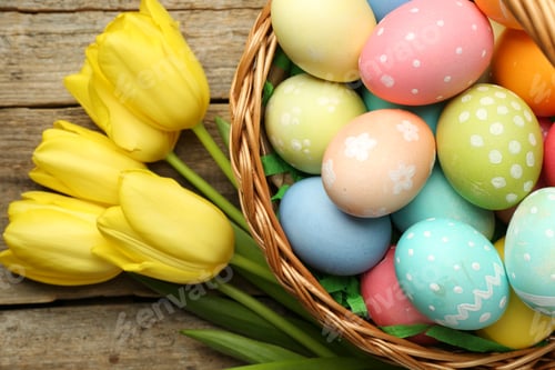 Preview: Easter basket with painted eggs and tulips on wooden table, flat lay