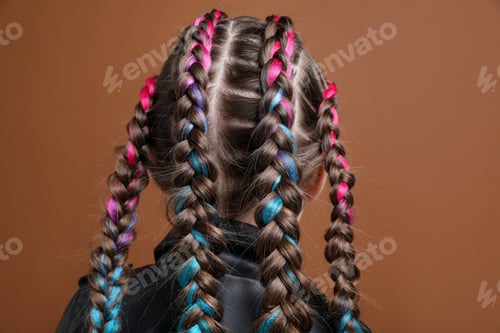 Preview: Cute girl with stylish braids on brown background, back view