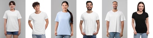 Preview: People in different t-shirts against white and grey backgrounds. Mockup for design