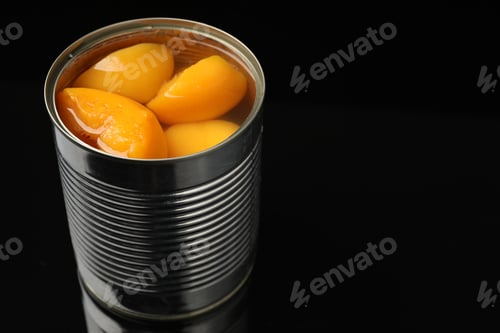 Preview: Pickled peaches in tin can on black mirror surface, closeup. Space for text