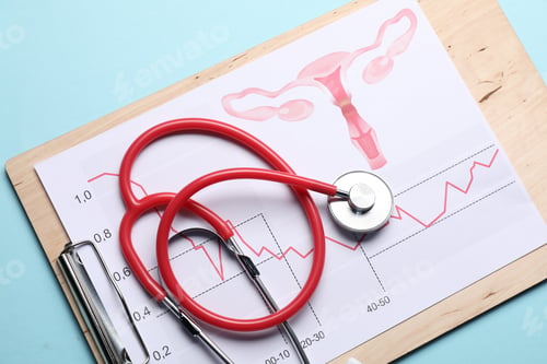 Preview: Gynecology. Sheet of paper with female reproductive system, hormone level graph and stethoscope on l