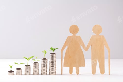 Preview: Retirement savings. Stacked coins with sprouts on tops and wooden figure of two old people on table