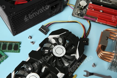 Preview: Graphics card and other computer hardware on light blue background, closeup