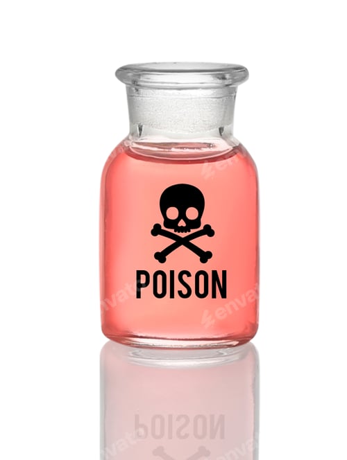 Preview: Poison warning symbol on glass bottle with red liquid against white background