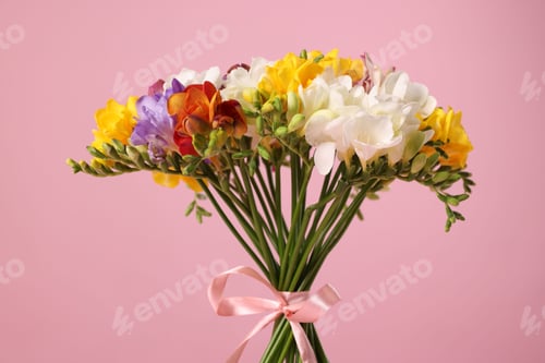 Preview: Bouquet of beautiful freesia flowers on pink background, closeup