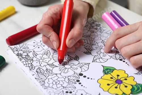 Preview: Woman coloring antistress picture with felt tip pen at white table, closeup