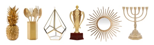 Preview: Various golden objects isolated on white, set