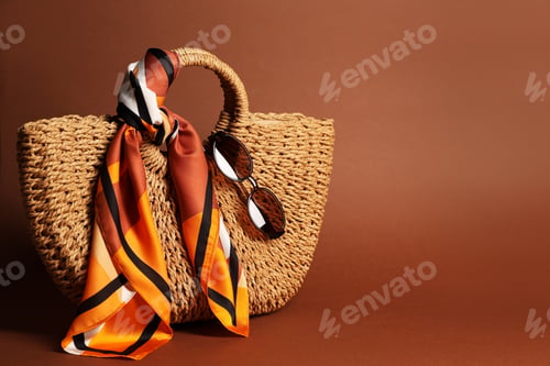 Preview: Stylish handkerchief, sunglasses and bag on brown background, space for text