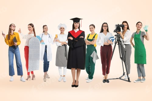 Preview: Graduate student and women of various professions on beige gradient background. Career choice