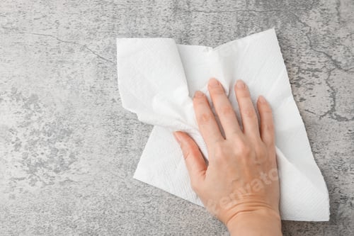 Vista previa: Woman wiping grey textured surface with paper towel, top view. Space for text