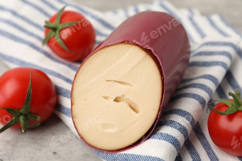Preview: Dairy products. Smoked cheese and tomatoes on grey table, closeup