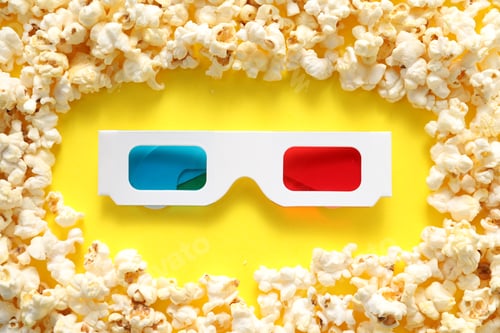 Preview: 3D glasses and tasty popcorn on yellow background, top view