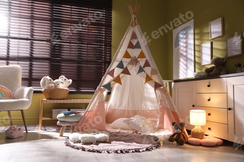 Preview: Beautiful wigwam, cushions and toys in child's room