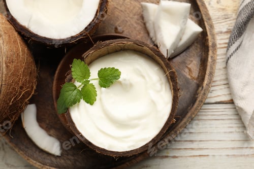 Preview: Tasty coconut yogurt with melissa leaves in shell and nuts on white wooden table, flat lay