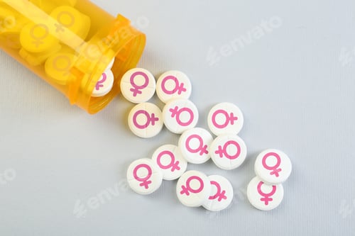 Preview: Female hormones. Pills with female gender symbols on grey background, top view