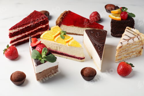 Preview: Pieces of different tasty cakes, strawberries and candies on white marble table, closeup