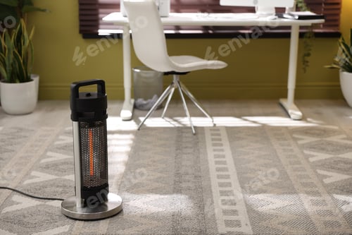 Preview: Modern portable electric heater in room, space for text