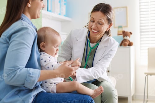 Preview: Mother with her baby having appointment with pediatrician in hospital, closeup. Doctor checking chil