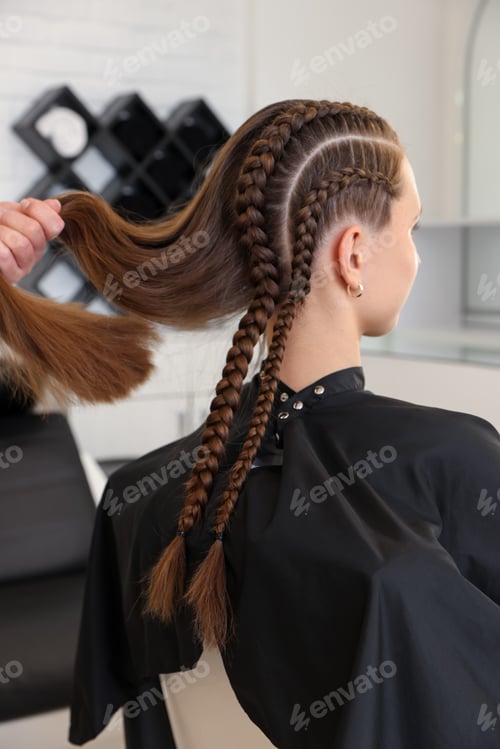 Preview: Hair braiding. Hairdresser working with teenage girl in salon, closeup